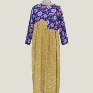 Blue & Yellow Floral Printed Mandarin Collar Long Dress