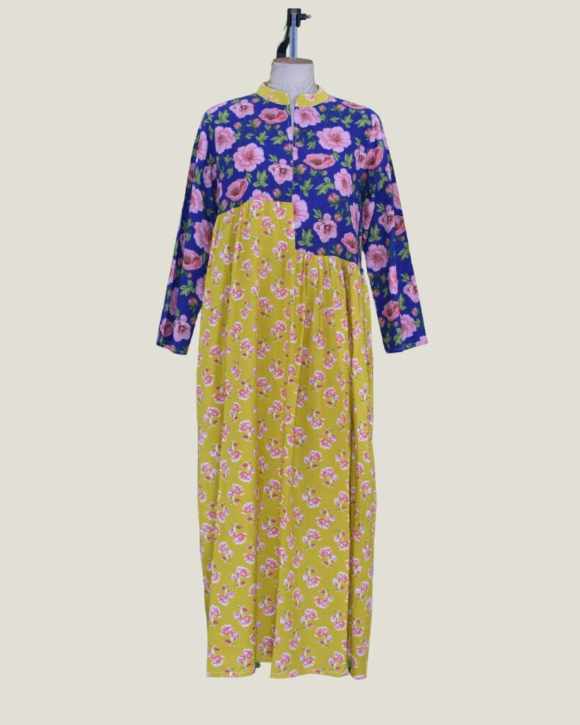 Blue & Yellow Floral Printed Mandarin Collar Long Dress