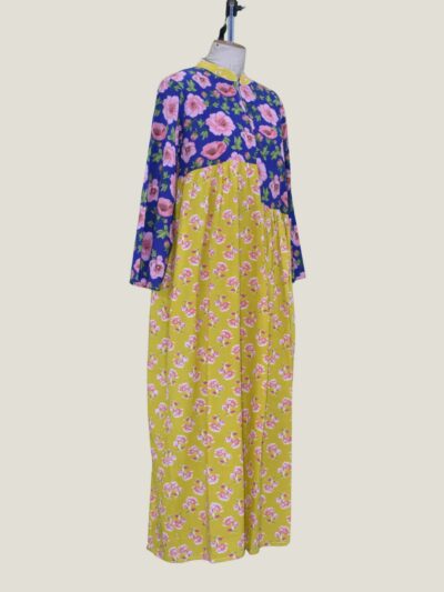 Blue & Yellow Floral Printed Mandarin Collar Long Dress