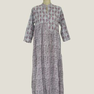 Grey Pink Paisley Printed Mandarin Collar Long Kurta