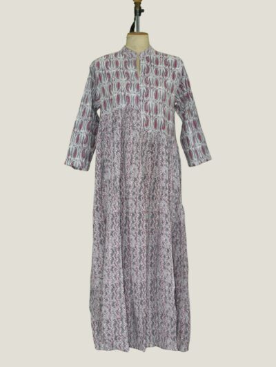 Grey Pink Paisley Printed Mandarin Collar Long Kurta