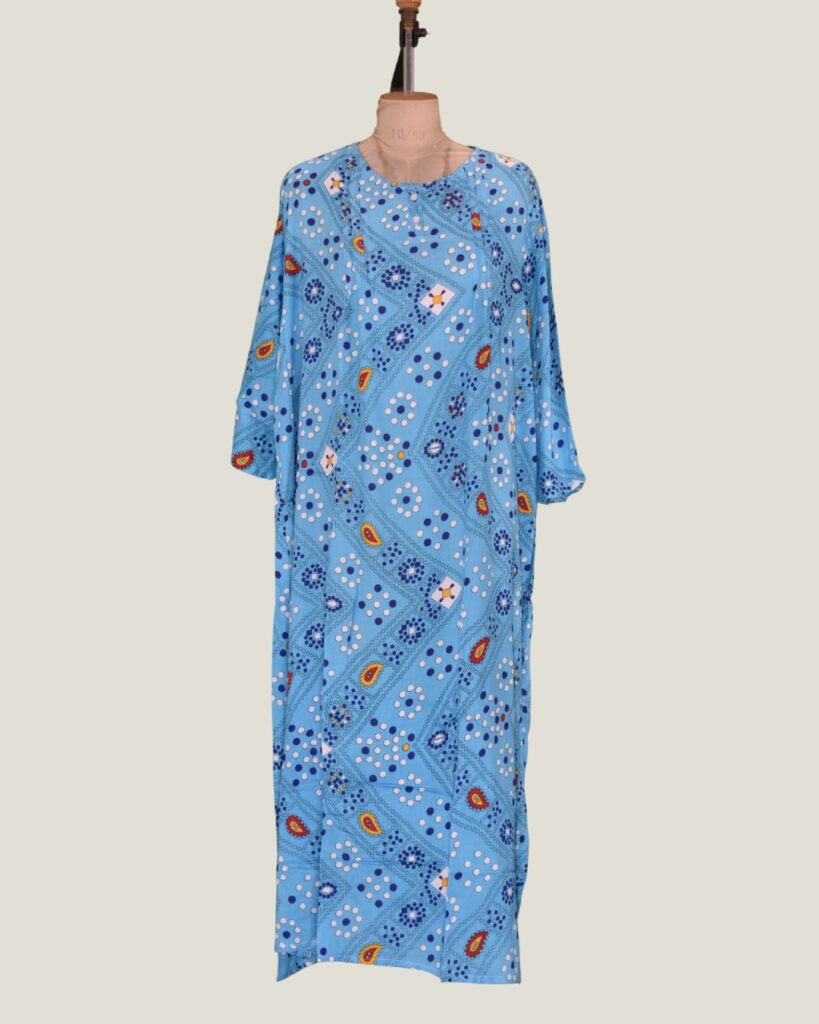 Blue Bandhej Batik Printed Round-Neck Long Dress