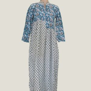 Teal White Floral Butti Printed Mandarin Collar Long Kurta