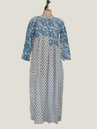 Teal White Floral Butti Printed Mandarin Collar Long Kurta