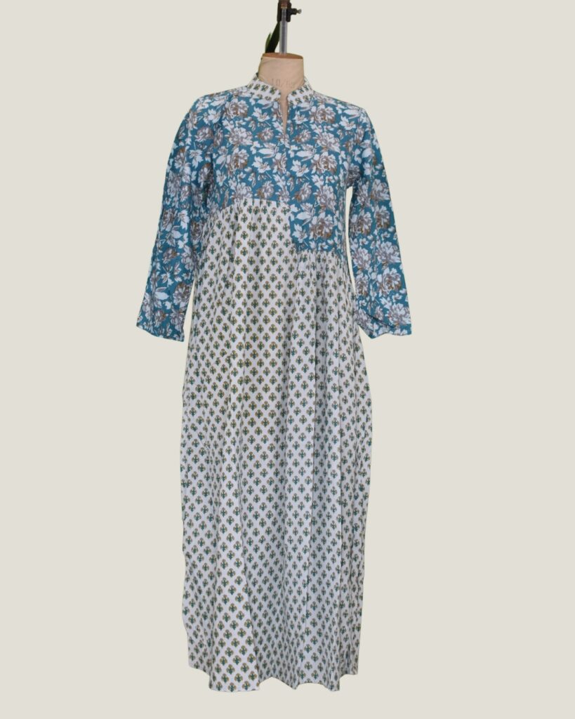 Teal White Floral Butti Printed Mandarin Collar Long Kurta