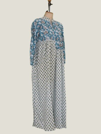 Teal White Floral Butti Printed Mandarin Collar Long Kurta