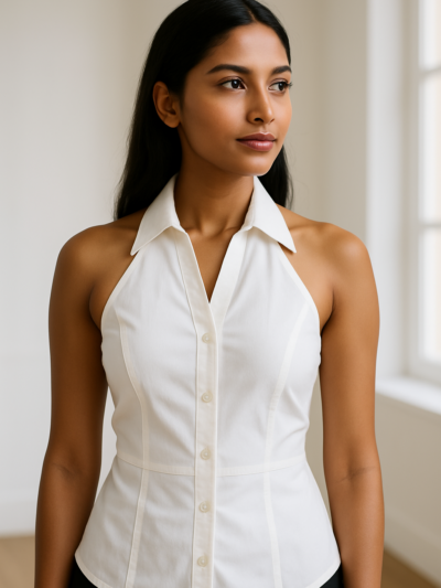 White Sleeveless Halter Button-Up Top