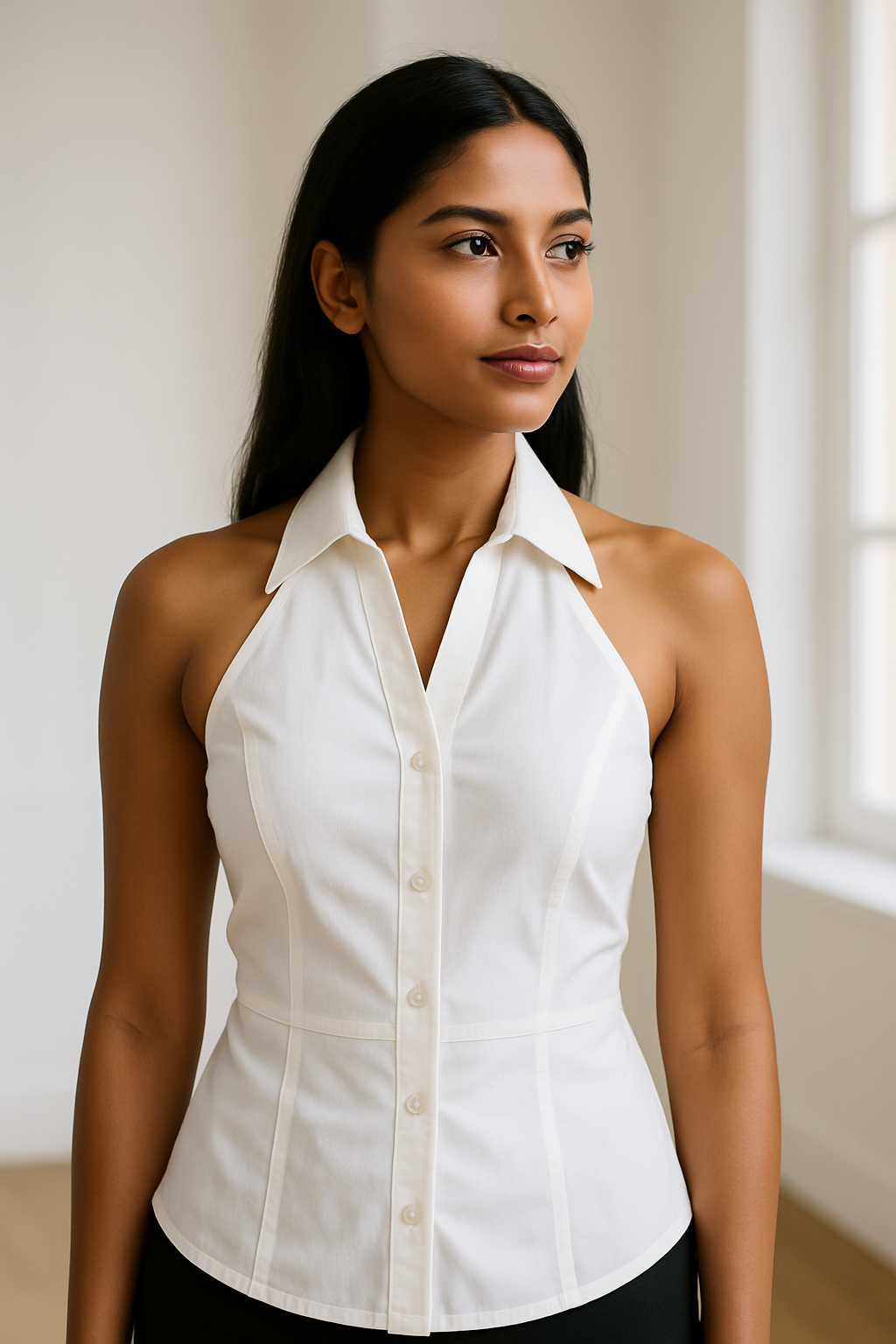 White Sleeveless Halter Button-Up Top