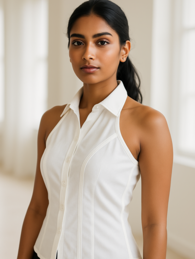 White Sleeveless Halter Button-Up Top