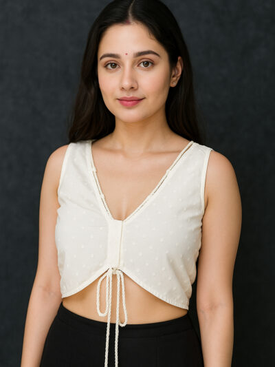 Cream Dotted V-Neck Tie-Front Crop Top