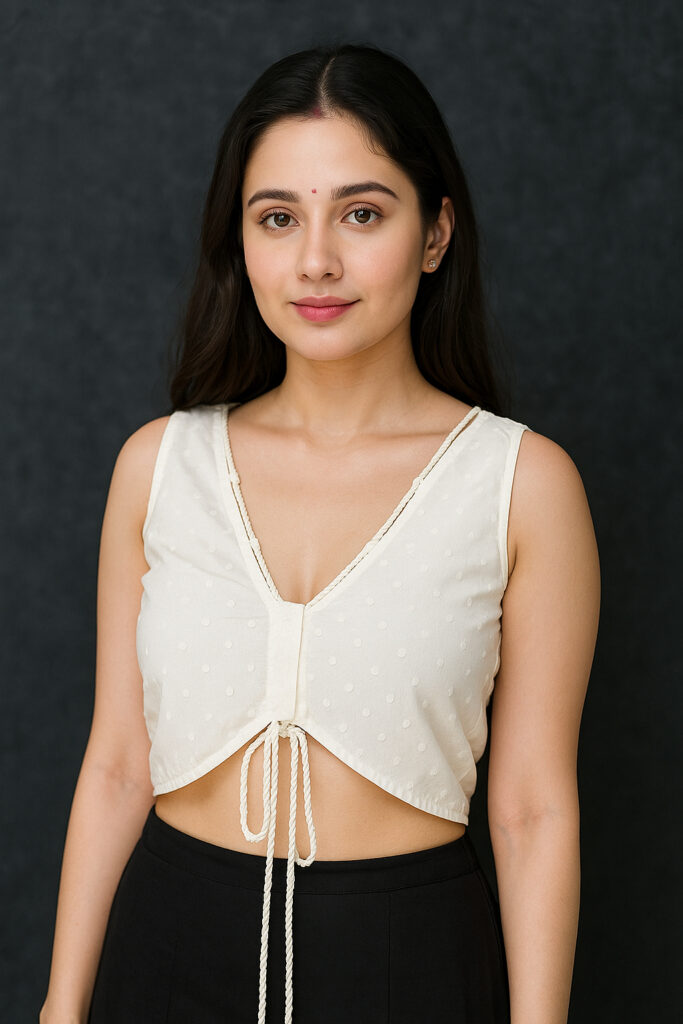 Cream Dotted V-Neck Tie-Front Crop Top