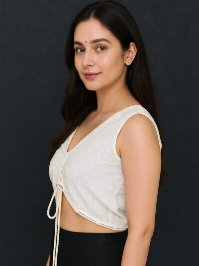 Cream Dotted V-Neck Tie-Front Crop Top