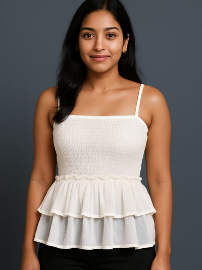 White Smocked Spaghetti Strap Peplum Top