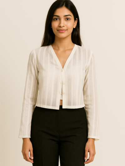 Cream Sheer Striped Open Cardigan