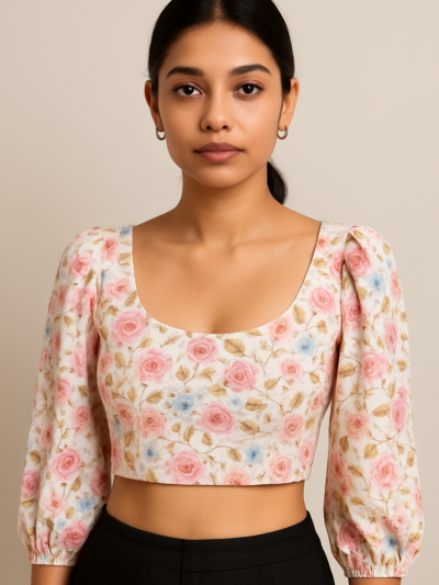 Floral Printed Puff Sleeve Crop Top