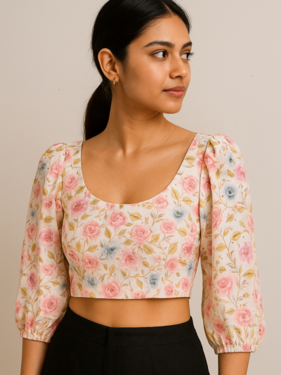 Floral Printed Puff Sleeve Crop Top