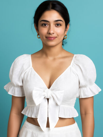 White Bow-Tie Puff Sleeve Crop Top