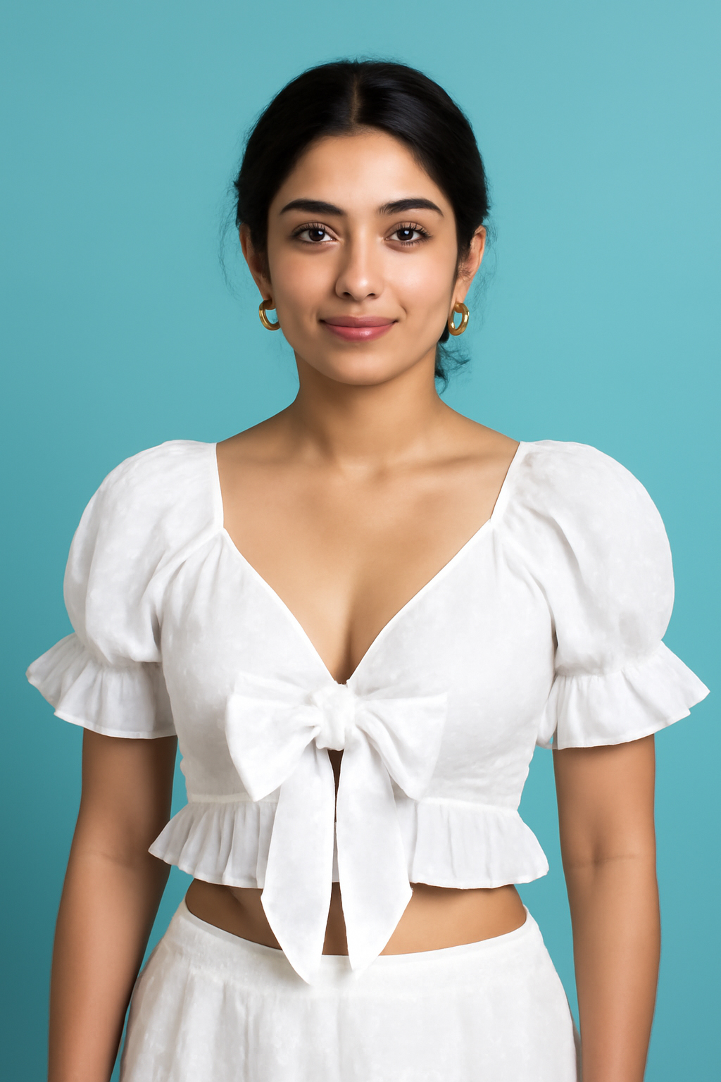 White Bow-Tie Puff Sleeve Crop Top