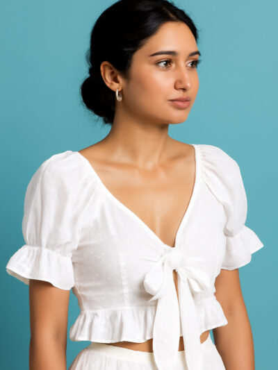 White Bow-Tie Puff Sleeve Crop Top