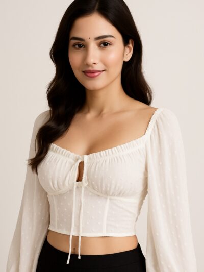 White Dotted Swiss Long-Sleeve Crop Top