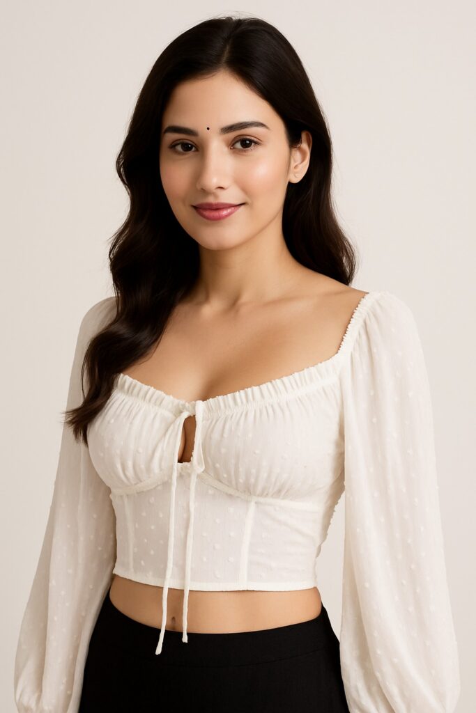 White Dotted Swiss Long-Sleeve Crop Top