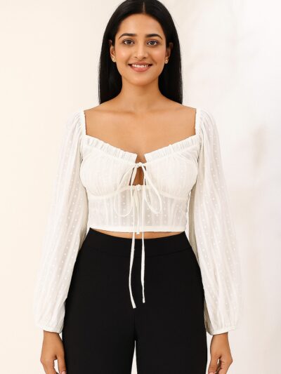 White Dotted Swiss Long-Sleeve Crop Top