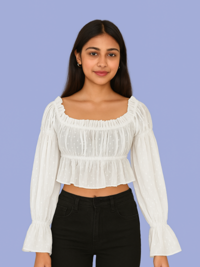 White Ruched Bell-Sleeve Crop Top