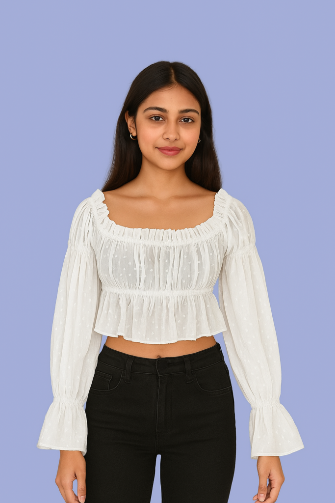 White Ruched Bell-Sleeve Crop Top