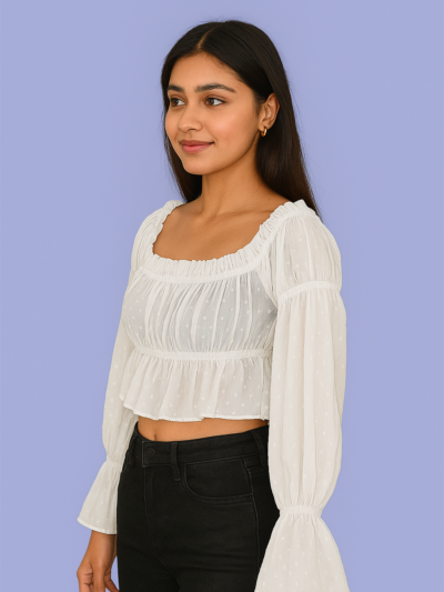 White Ruched Bell-Sleeve Crop Top